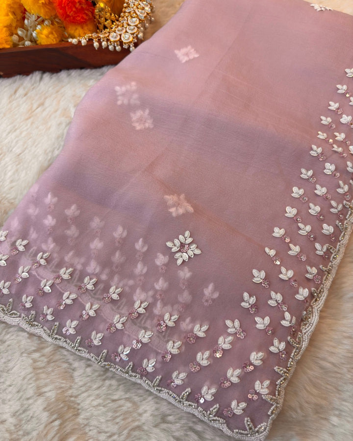 Embroidered Premium Waree Chiffon Saree with Floral Cutdana Border – Jyoti Sarees Exclusive