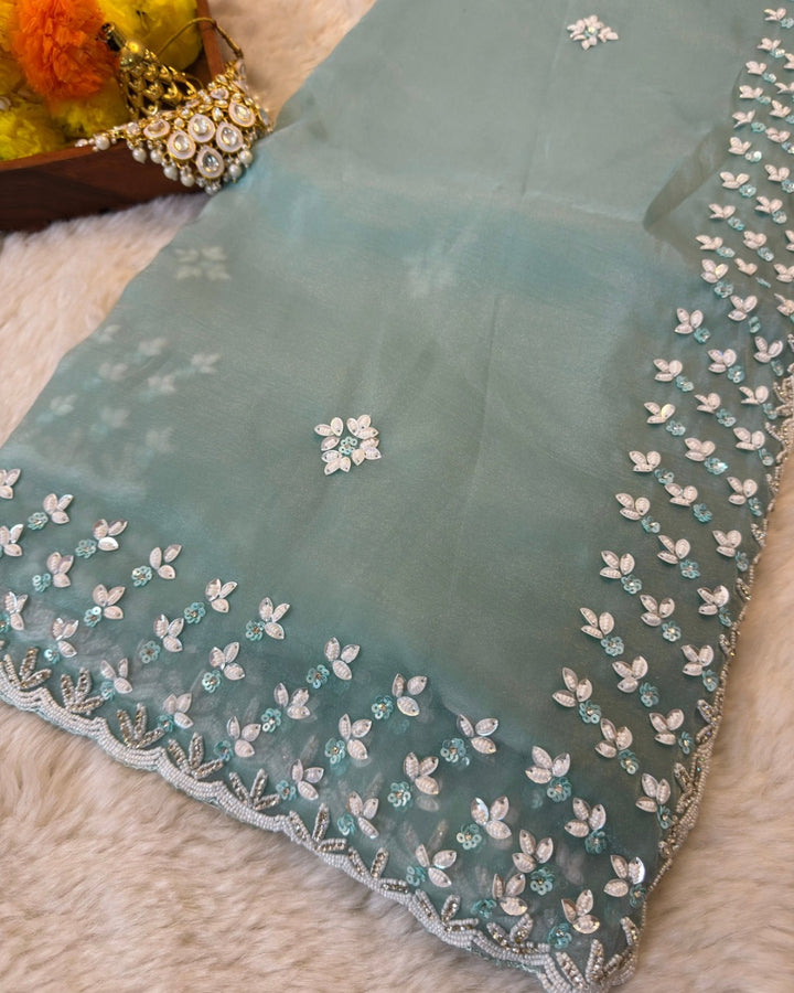 Embroidered Premium Waree Chiffon Saree with Floral Cutdana Border – Jyoti Sarees Exclusive