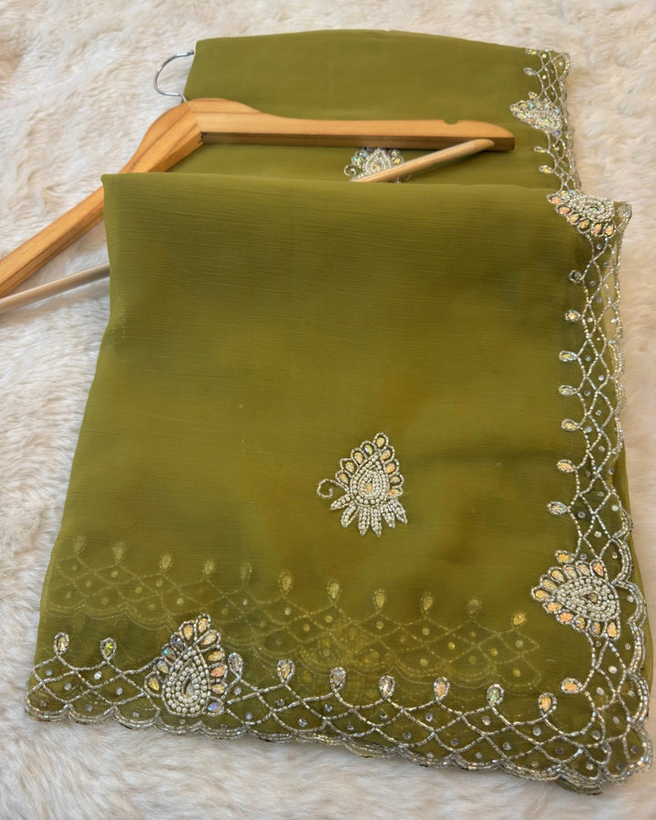 Premium Waree Chiffon Saree with Heavy Handwork Border & Butti