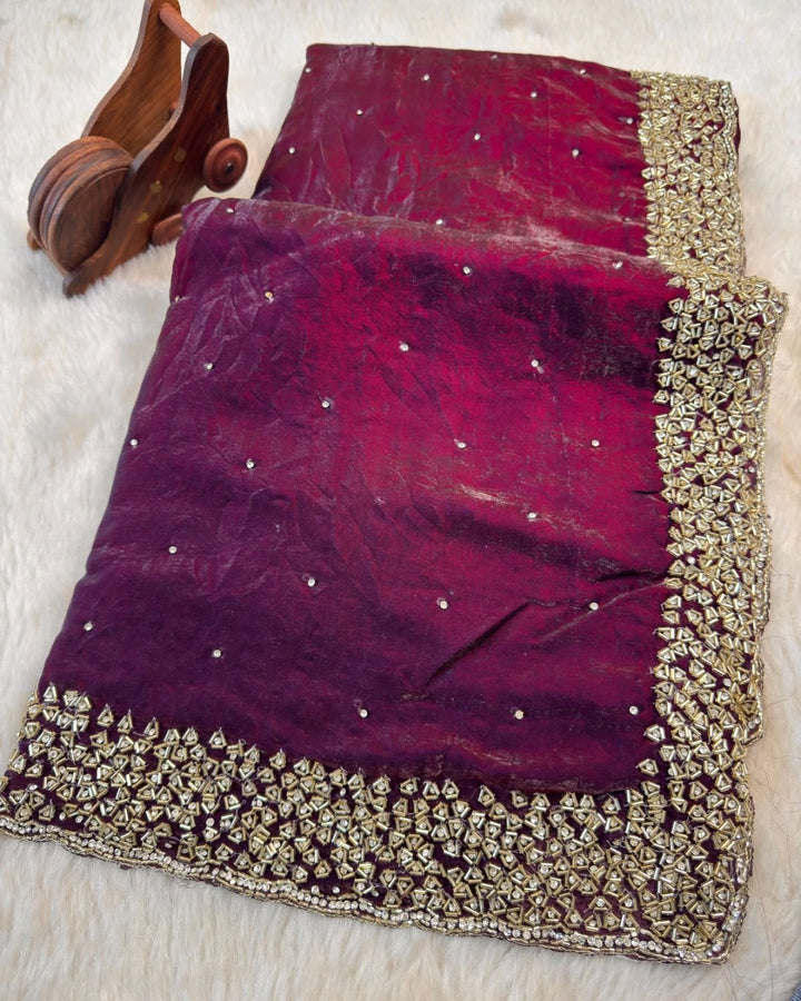Fendy Silk Saree with Samosa Cut Border & Stone Butti Embroidery