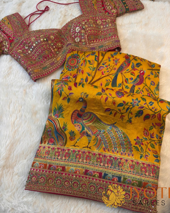 Mustard Yellow Pashmina Silk Saree with Multicolor Peacock Embroidery & Heavy Zari Work Blouse
