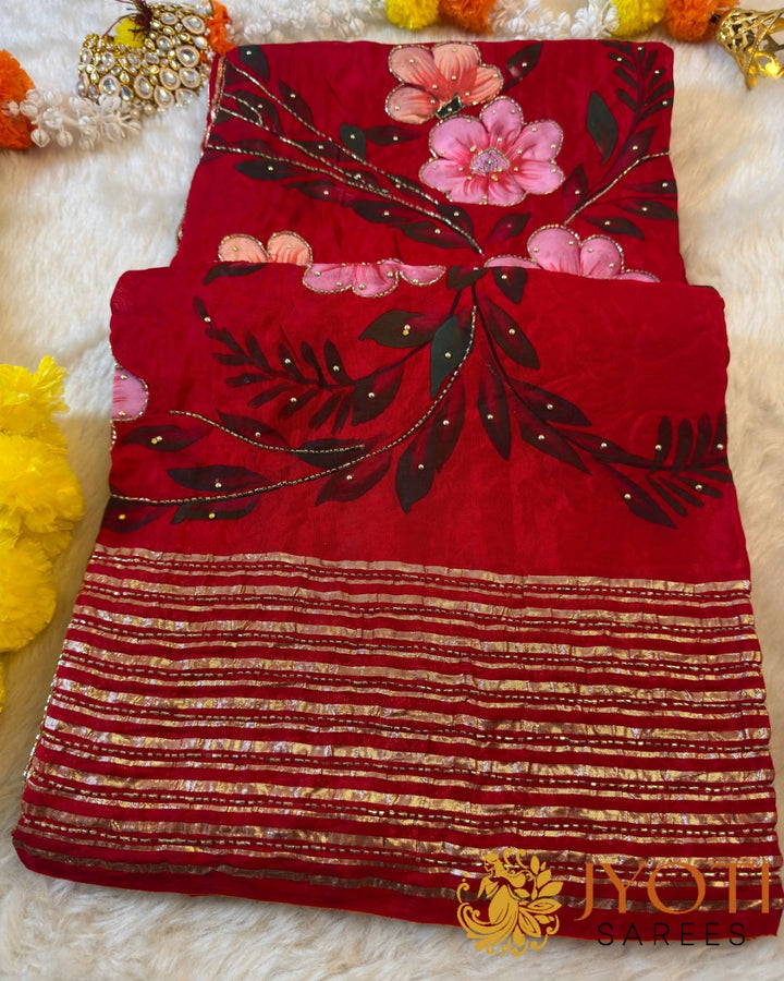 Premium HO Silk Saree with Brush Floral Print & Hand Highlighting