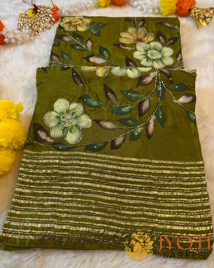 Premium HO Silk Saree with Brush Floral Print & Hand Highlighting