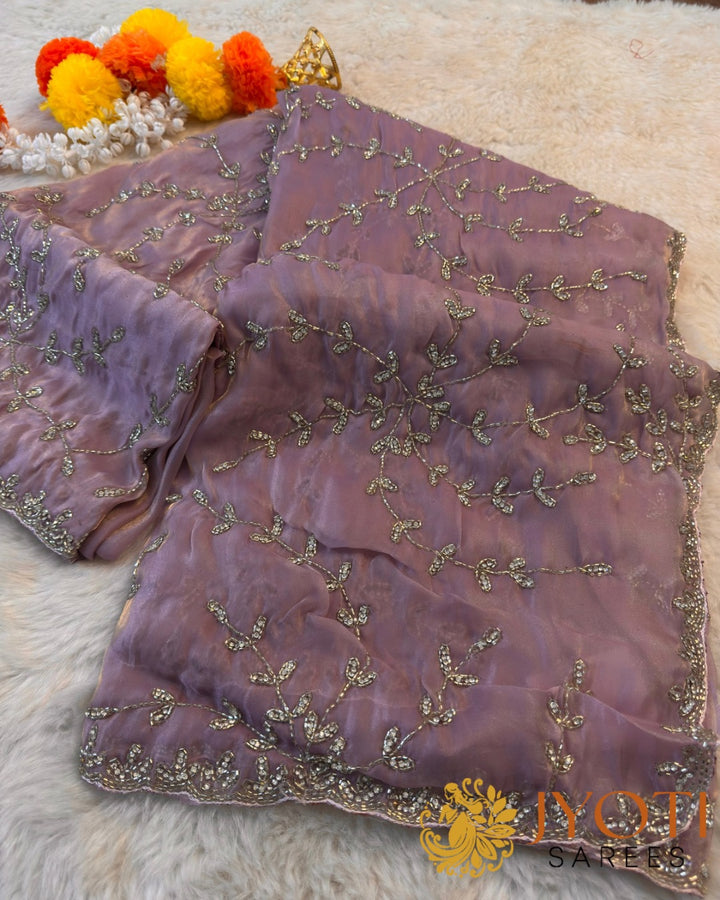 Elegant Chandaniya Silk Saree with All-Over Leaf Sequin Work & Scallop Border