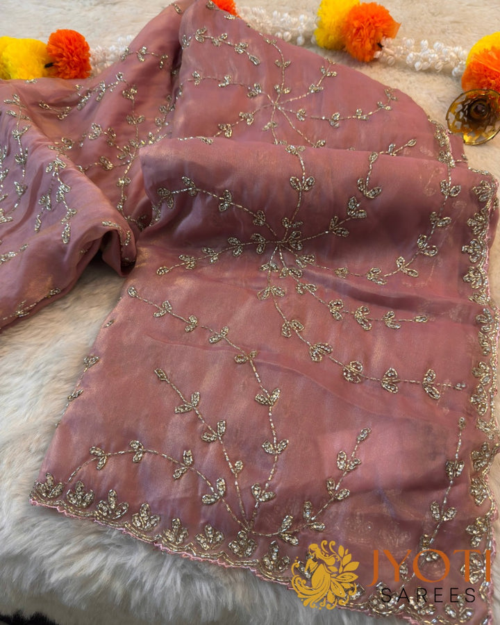 Elegant Chandaniya Silk Saree with All-Over Leaf Sequin Work & Scallop Border