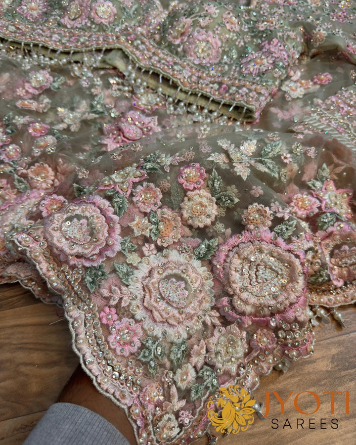 Premium 3D Floral Net Saree with Heavy Ready Blouse – Bridesmaid Special