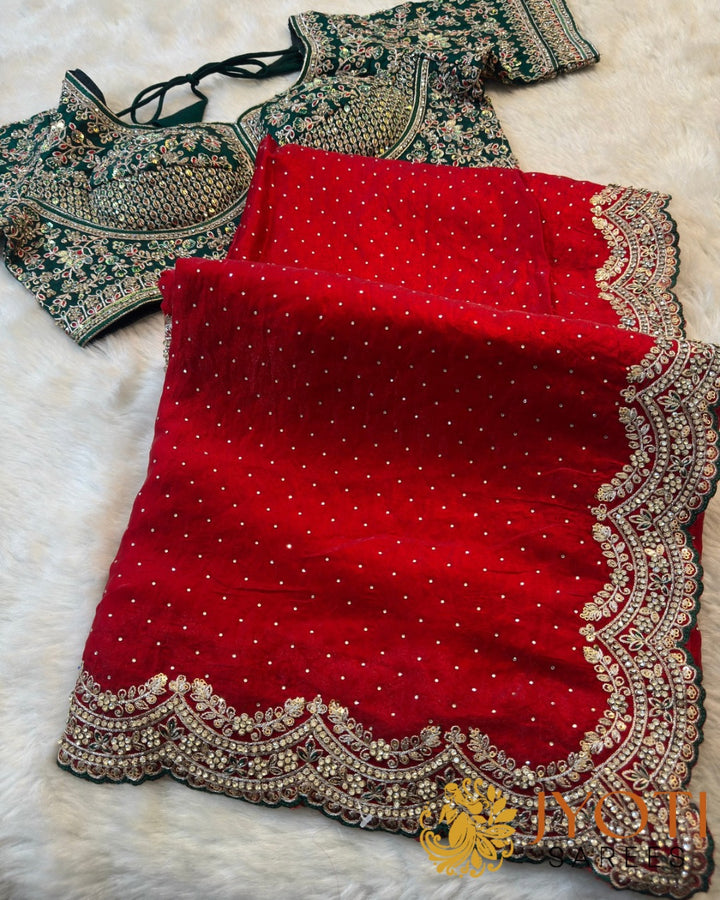 Designer Fendy Silk Saree with Stone Embellished Border & Ready-Stitched Embroidered Blouse