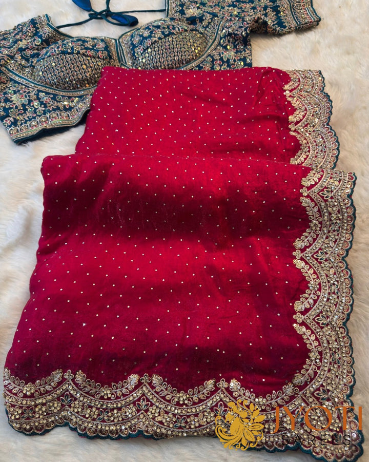 Designer Fendy Silk Saree with Stone Embellished Border & Ready-Stitched Embroidered Blouse