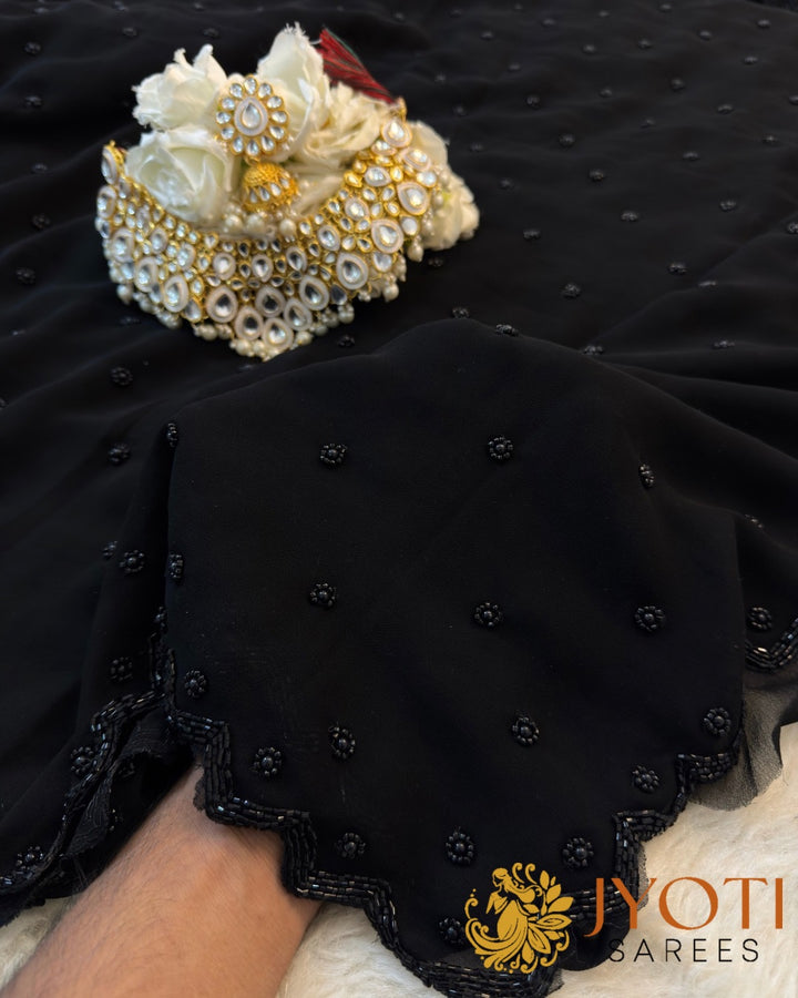 Elegant Jet Black Saree with Beaded Butti & Scalloped Edging