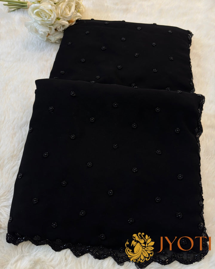 Elegant Jet Black Saree with Beaded Butti & Scalloped Edging