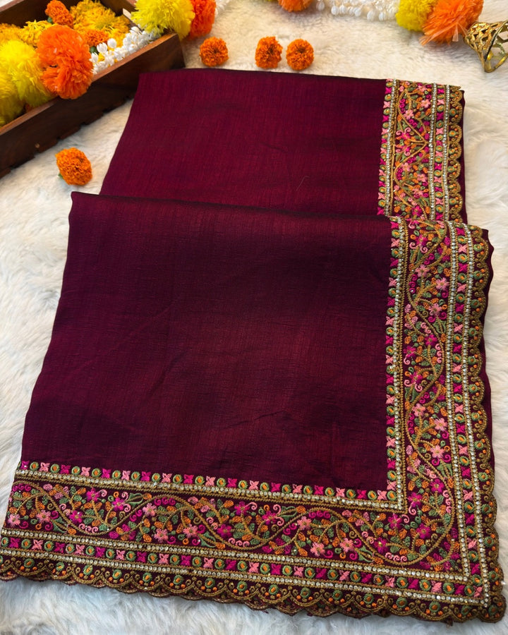 Premium Soft silk Saree with Heavy Multicolor Kashmiri-Style Thread Embroidery Border