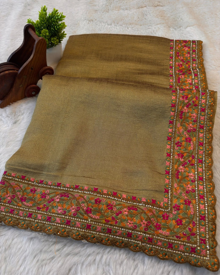 Premium Soft silk Saree with Heavy Multicolor Kashmiri-Style Thread Embroidery Border