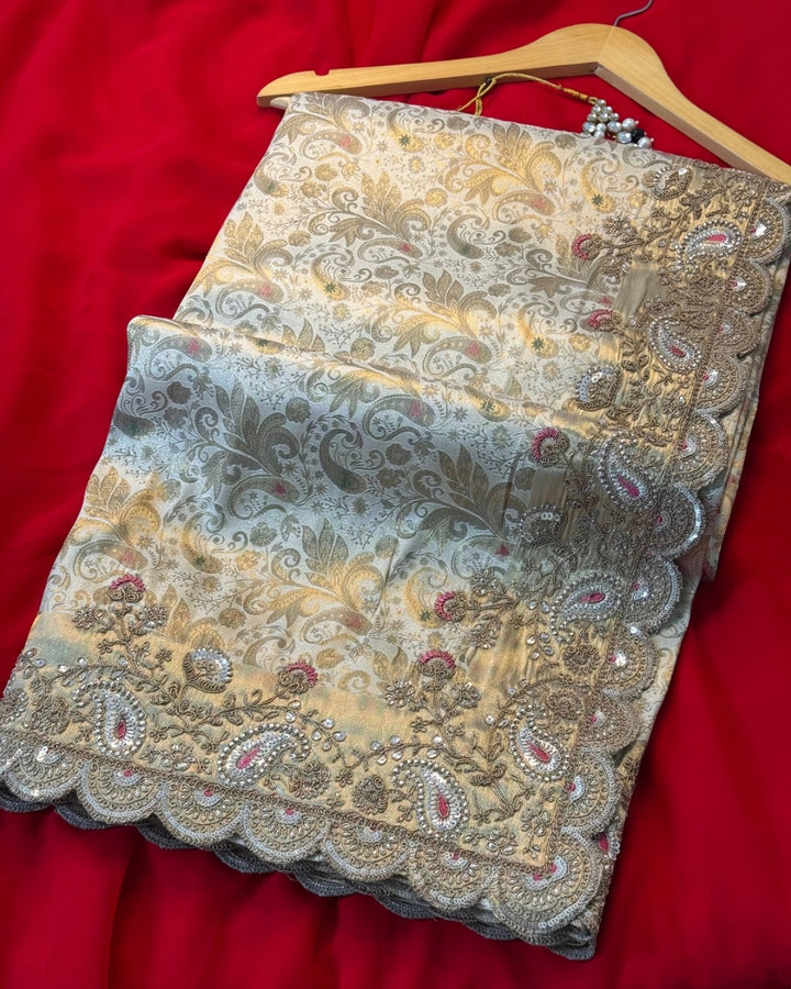 Grey Gold Silk Saree with Heavy Zari & Sequin Embroidered Border