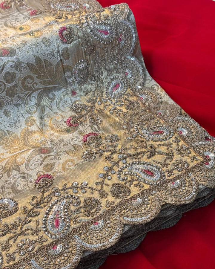 Grey Gold Silk Saree with Heavy Zari & Sequin Embroidered Border