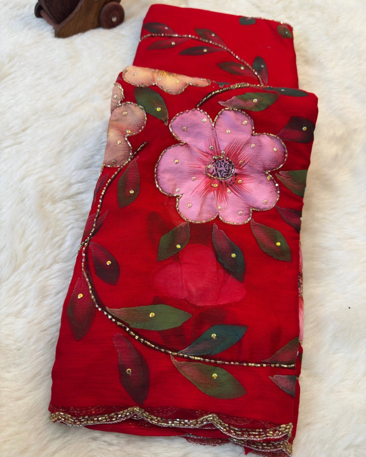 Hand-Painted Floral Chiffon Saree with Sequins & Scallop Border