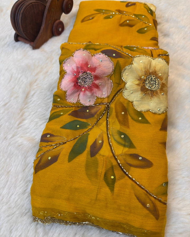 Hand-Painted Floral Chiffon Saree with Sequins & Scallop Border
