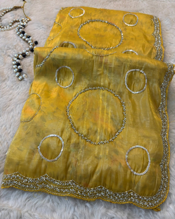 Fendy Silk Saree with Mirror Sequin Circle Work & Embellished Scallop Border