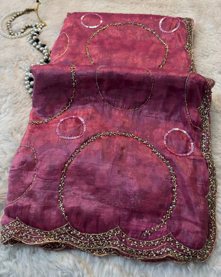 Fendy Silk Saree with Mirror Sequin Circle Work & Embellished Scallop Border