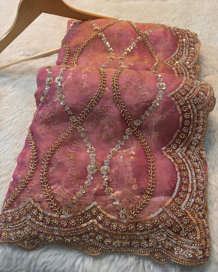 Dolchi Tissue Saree with Heavy Diamond Sequin Embroidery & Scallop Border