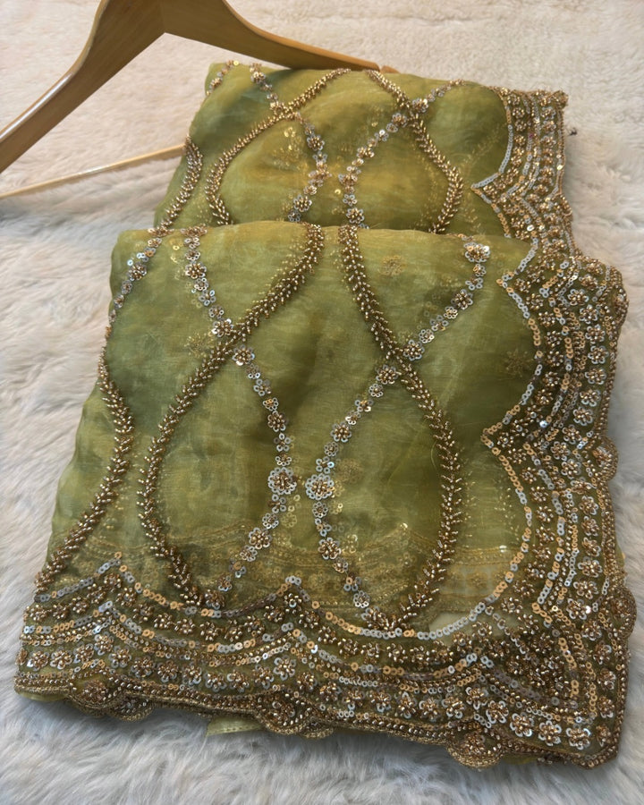 Dolchi Tissue Saree with Heavy Diamond Sequin Embroidery & Scallop Border
