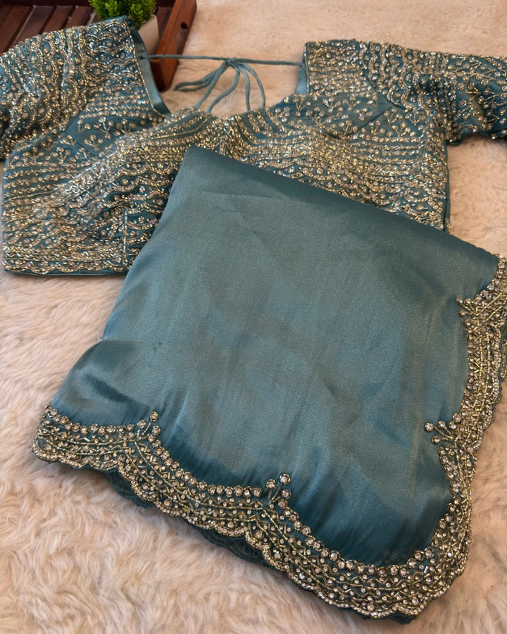 Luxury Chandaniya Silk Saree with Heavy Hand-Embroidered Stitched Blouse