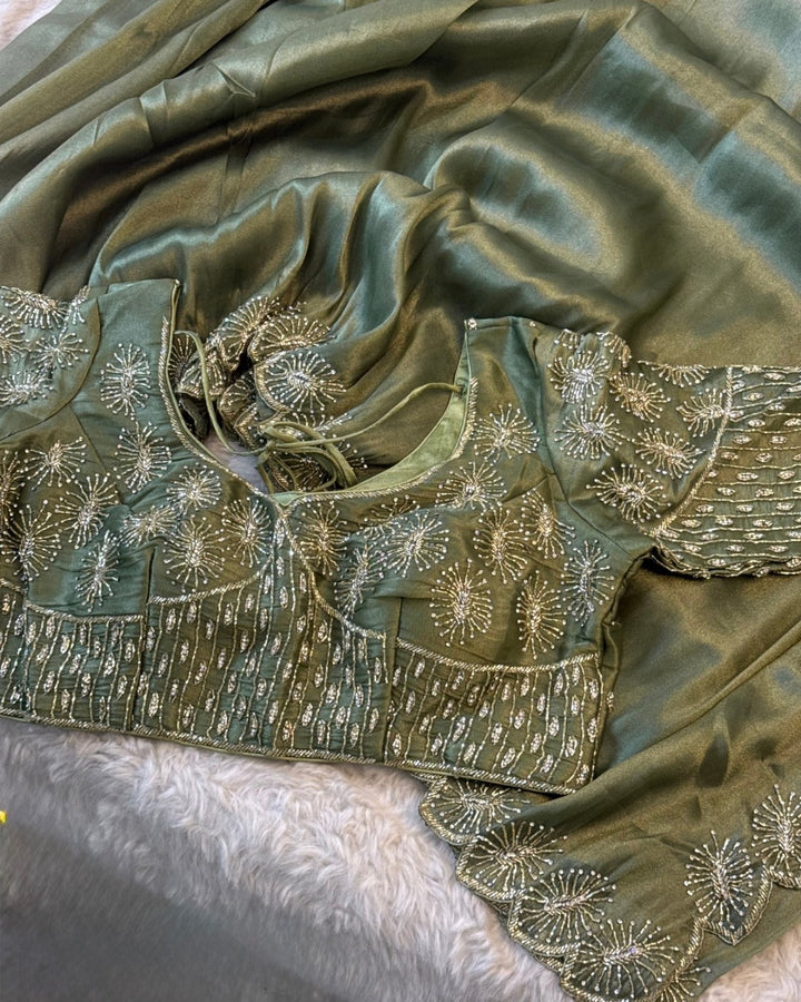 Luxury Chandaniya Silk Saree with Heavy Hand-Embroidered Stitched Blouse