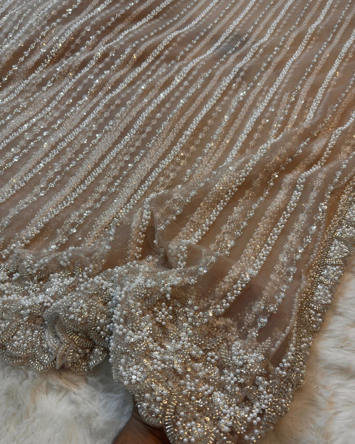 Premium Net Saree with Heavy Pearl Lines & Scalloped Embroidered Border