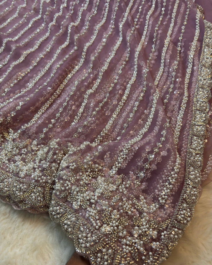 Premium Net Saree with Heavy Pearl Lines & Scalloped Embroidered Border