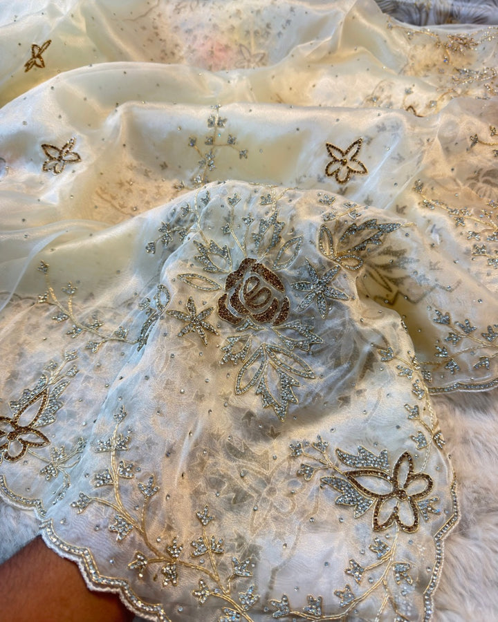 Premium Mausam Tissue Embroidered Saree with 3D Floral Work & Scalloped Border