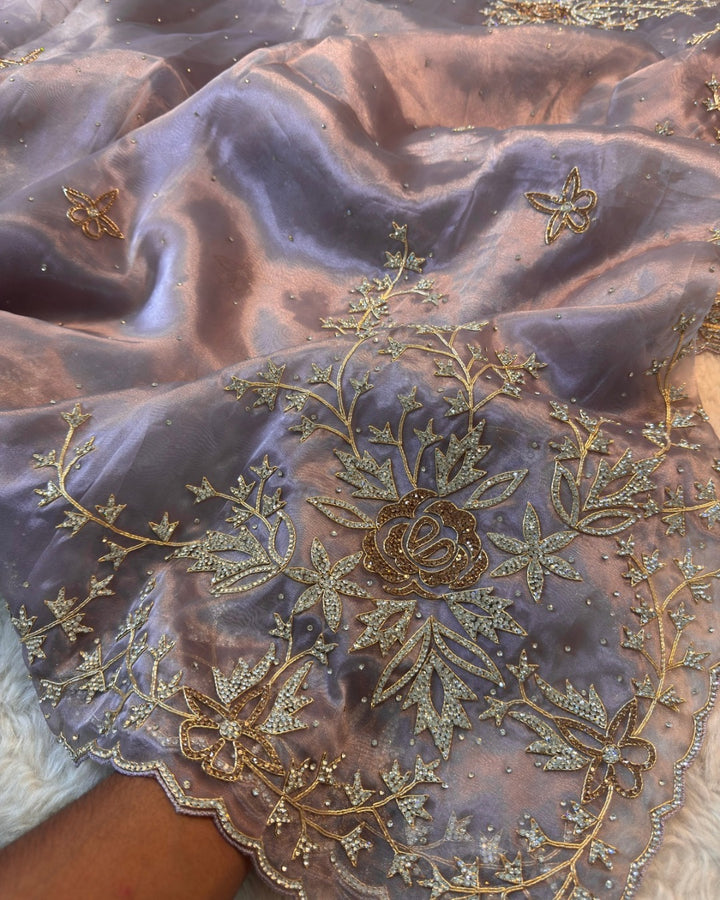 Premium Mausam Tissue Embroidered Saree with 3D Floral Work & Scalloped Border