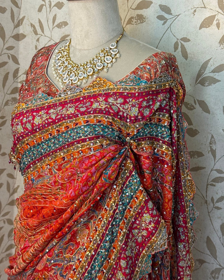 Lotus Mirror Work Saree with Heavy Embroidery & Stitched Designer Blouse