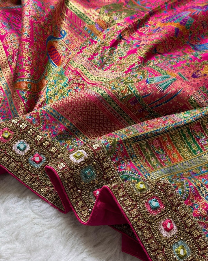 Premium Pashmina Silk Saree with Heavy Kashmiri Weave & Mirror Work Border | With Stitched Designer Blouse