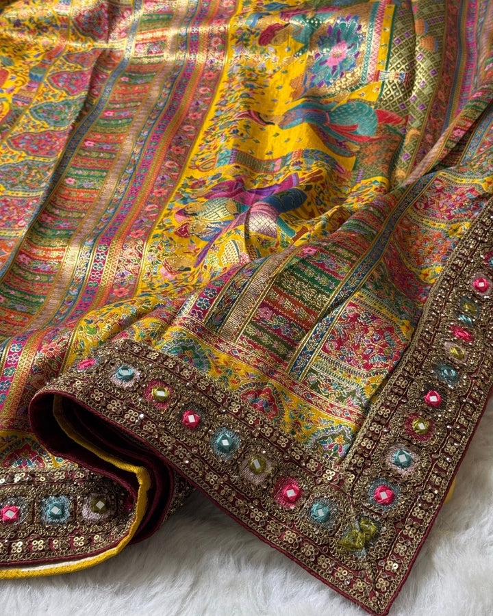 Premium Pashmina Silk Saree with Heavy Kashmiri Weave & Mirror Work Border | With Stitched Designer Blouse