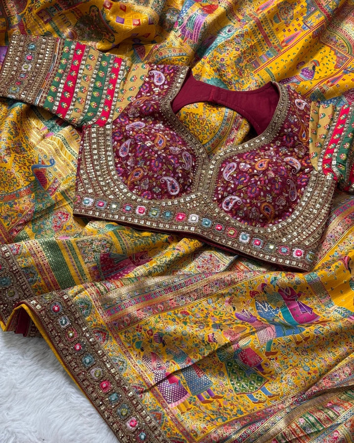 Premium Pashmina Silk Saree with Heavy Kashmiri Weave & Mirror Work Border | With Stitched Designer Blouse