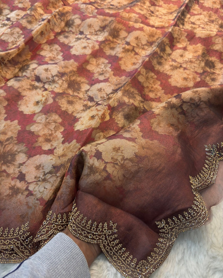 Art Zari Silk Floral Saree with Scalloped Sequin Border | Premium Printed Saree