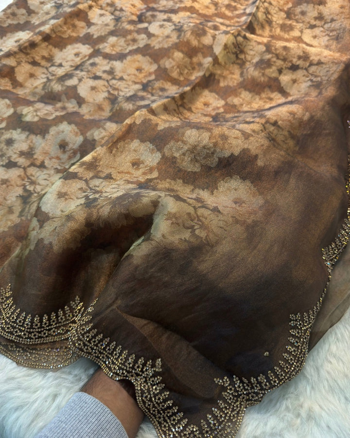 Art Zari Silk Floral Saree with Scalloped Sequin Border | Premium Printed Saree