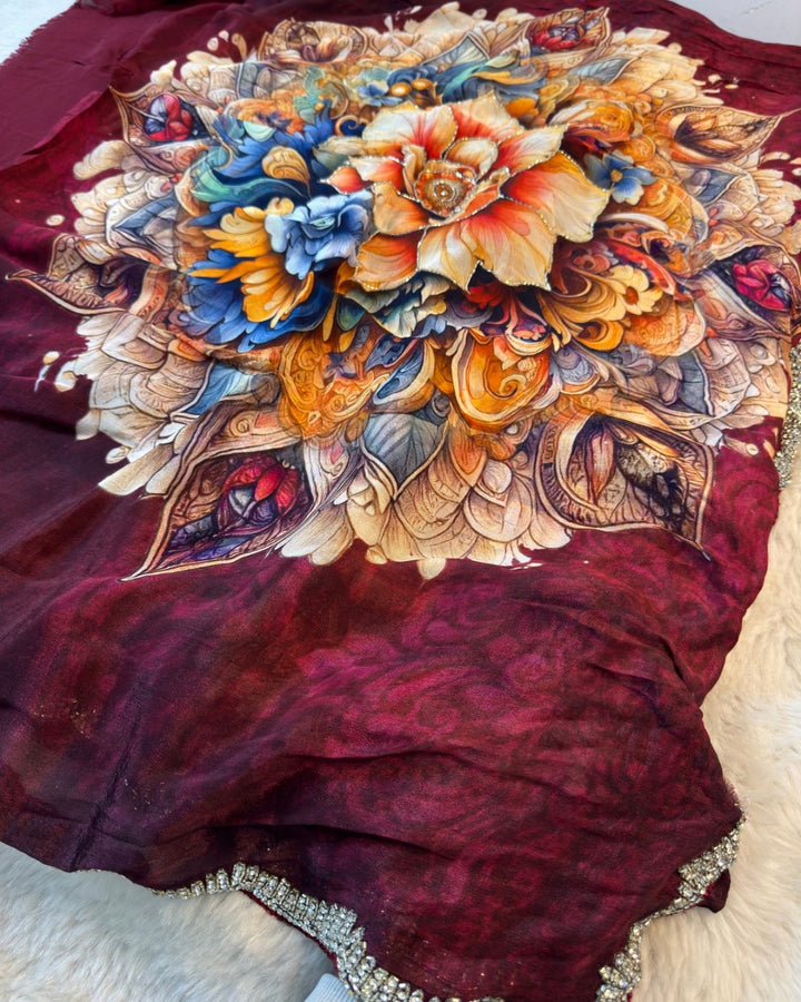 Premium Chinon Silk Saree with Digital Floral Placement Print & Stone Border