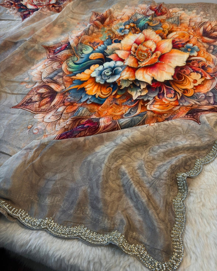 Premium Chinon Silk Saree with Digital Floral Placement Print & Stone Border