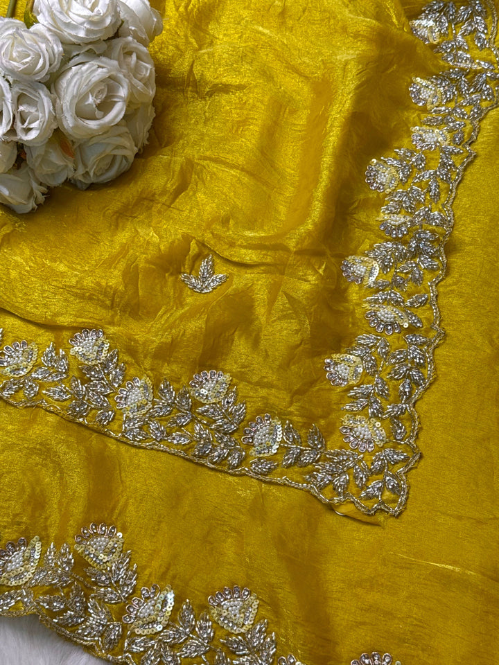 Fendy Silk Saree with Pearl-Zardozi Leaf Embroidery & Heavy Borde