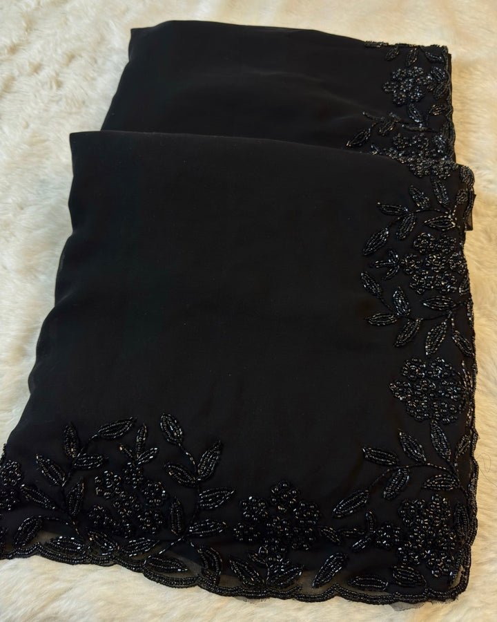 Midnight Black Georgette Saree with Hand Beaded Floral Border
