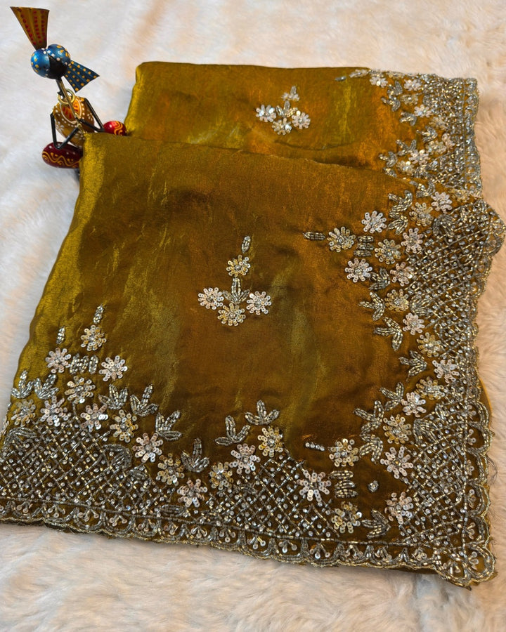 Fendy Silk Saree with Floral Sequin Embroidery and Heavy Beaded Border