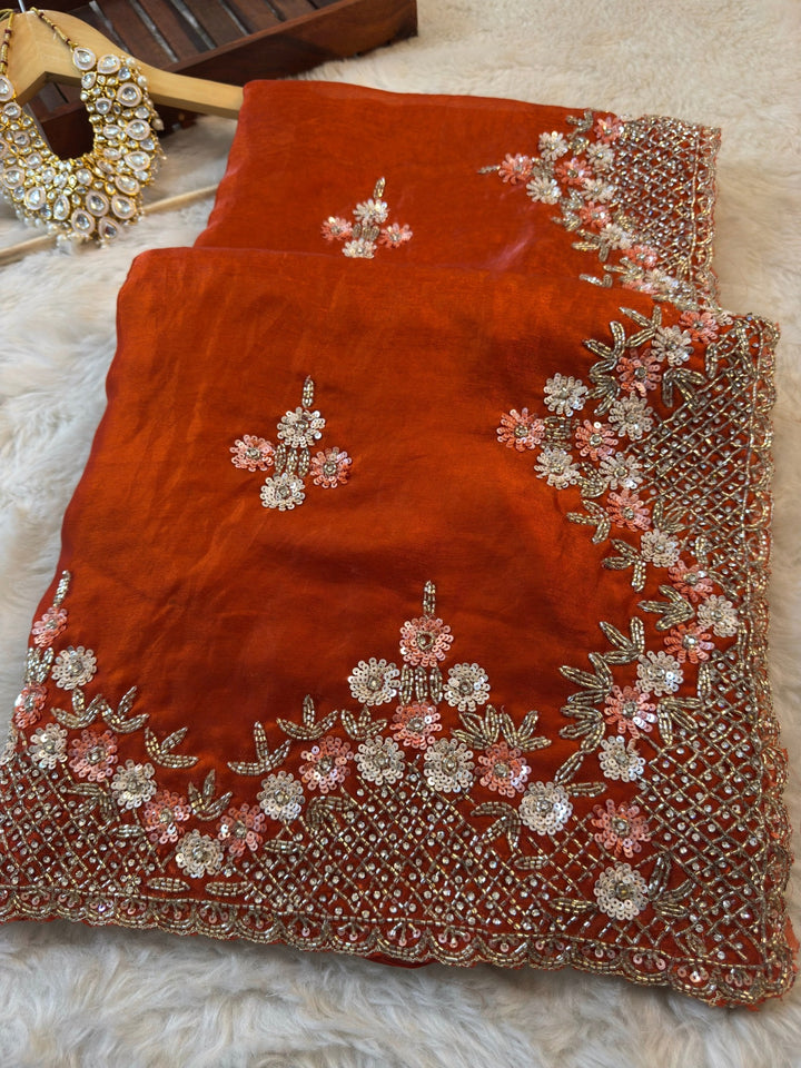 Fendy Silk Saree with Floral Sequin Embroidery and Heavy Beaded Border