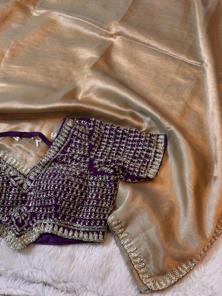 Premium Chandaniya Silk Saree with Heavy Hand Embroidered Stitched Blouse