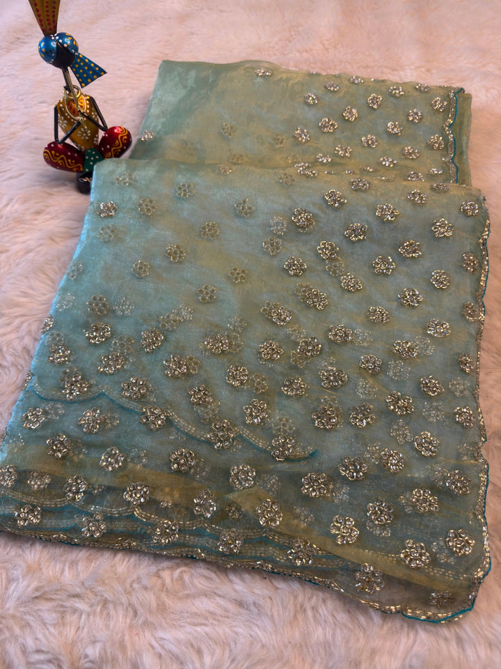 Dolchi Tissue Saree with Crystal Floral Butti & Scalloped Border