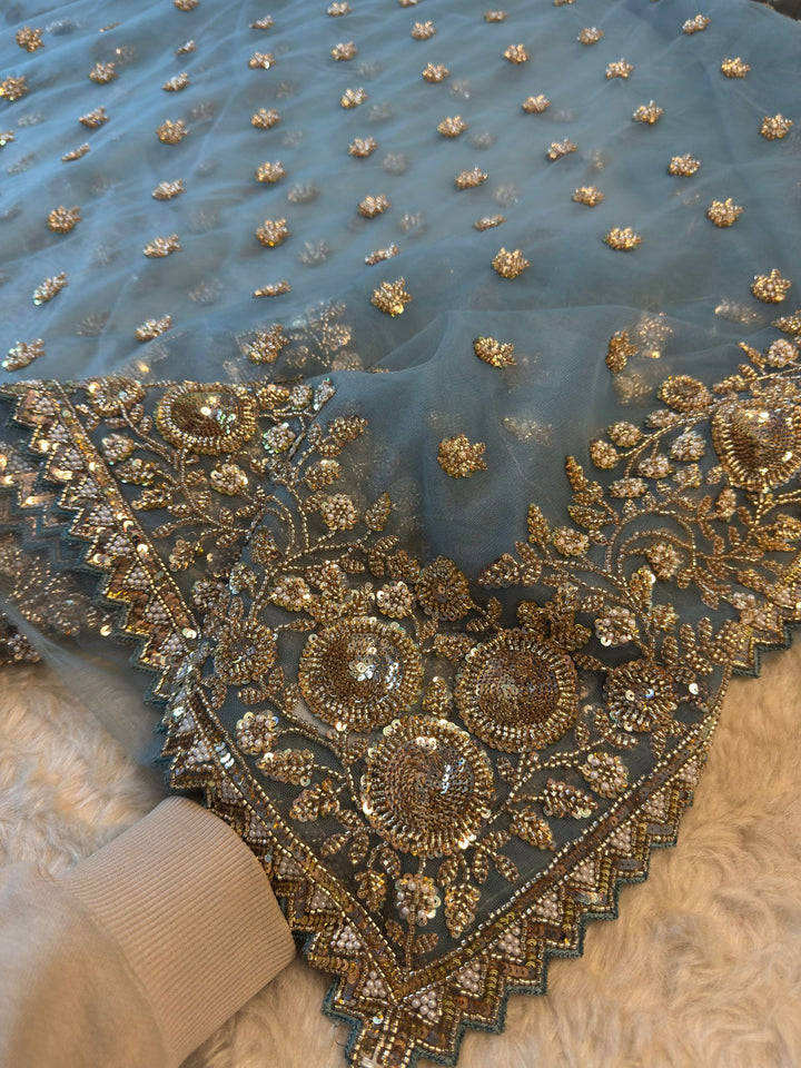 Designer Net Saree with Antique Gold Hand Embroidery