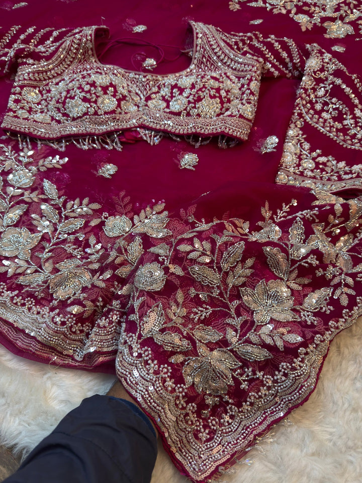 Luxury Floral Embroidered Net Saree with Designer Stitched Blouse