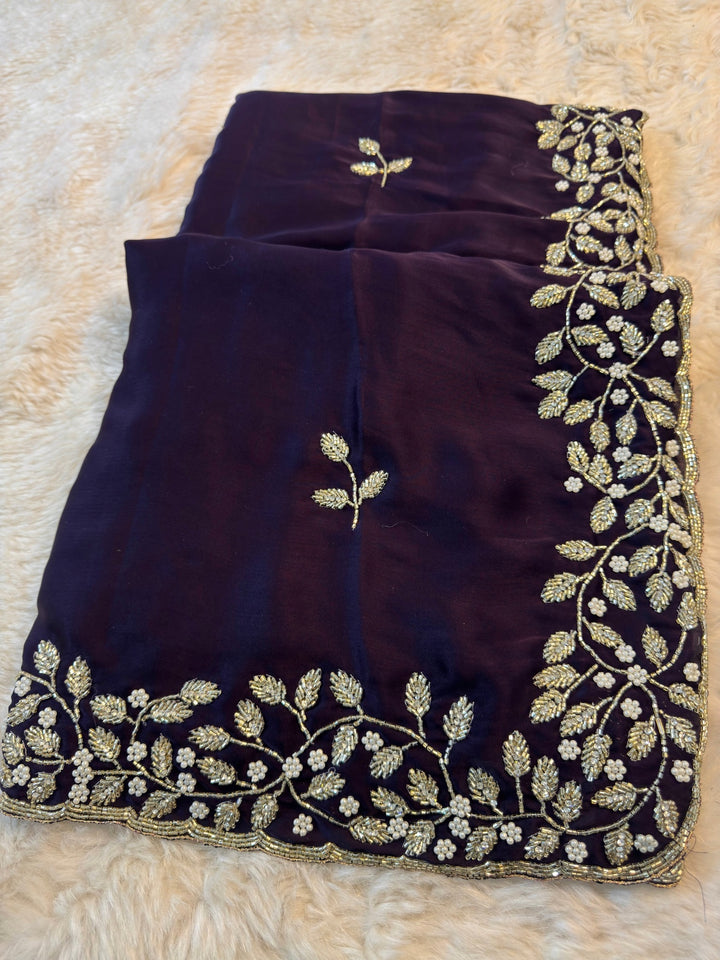 Premium Satin Silk Saree with Pearl Leaf Embroidered Border