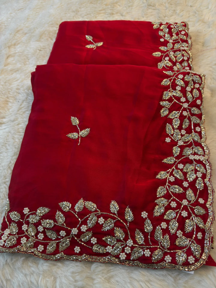 Premium Satin Silk Saree with Pearl Leaf Embroidered Border