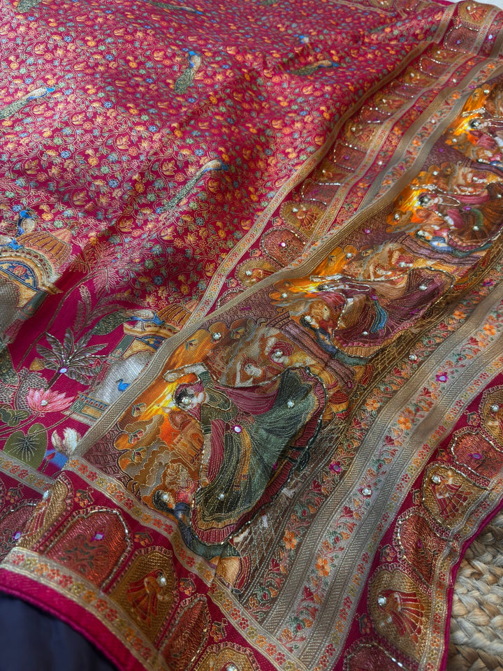 Position Print Pashmina Silk Saree with Heavy Traditional Border & Artistic Pallu