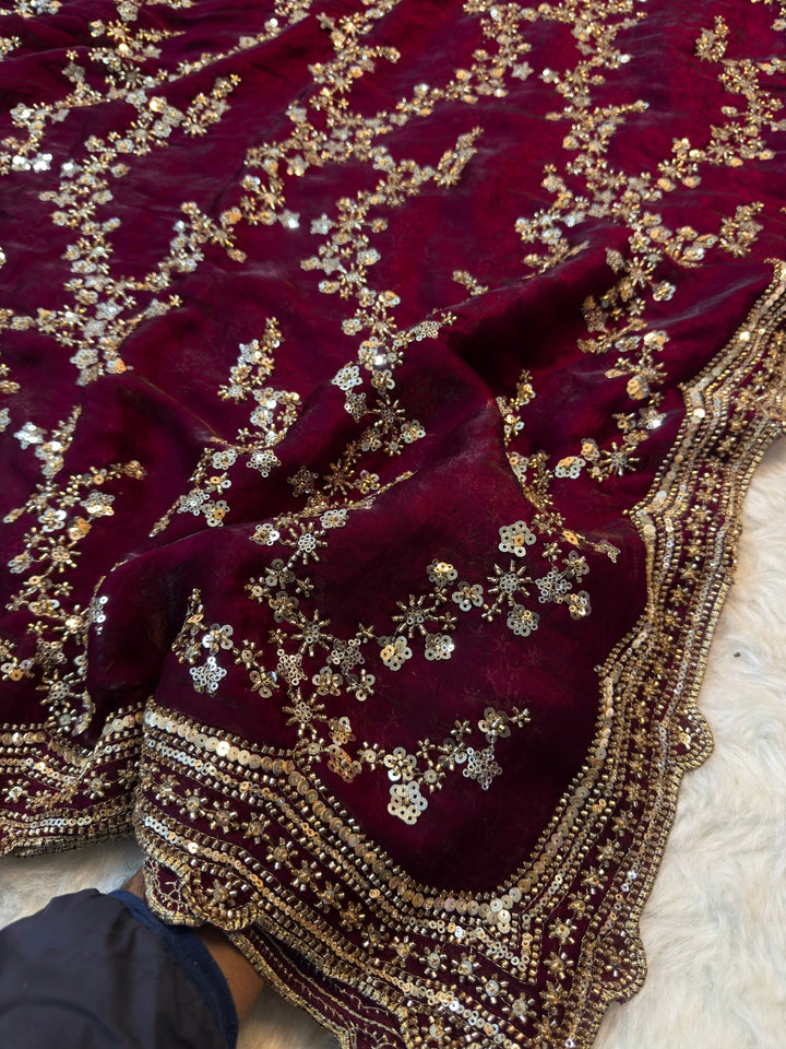 Luxury Fendy Silk Saree with Heavy Sequin Floral Embroidery & Designer Border
